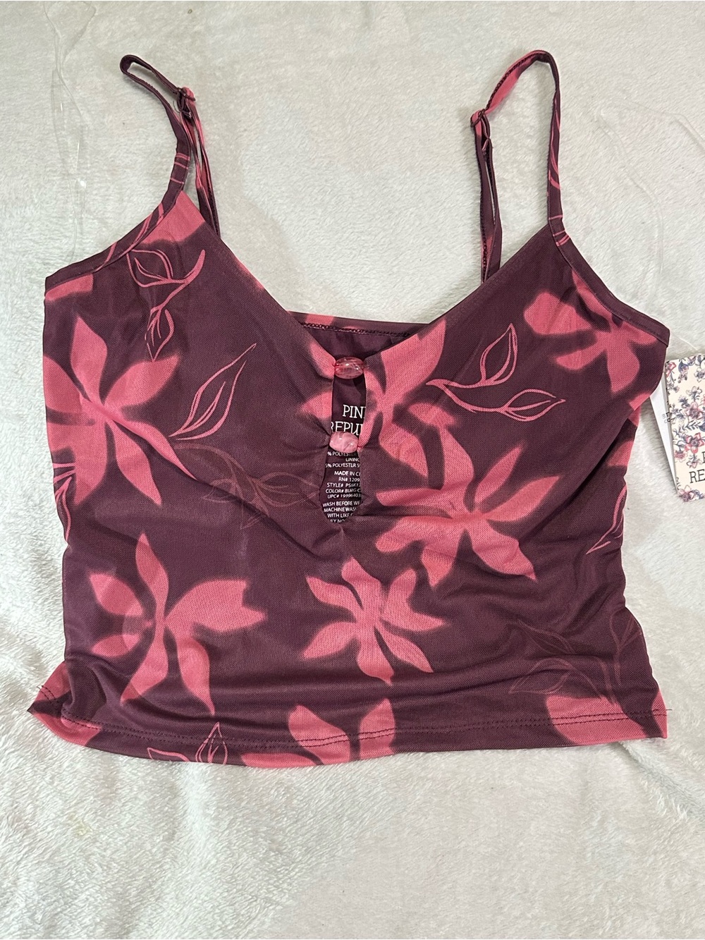 Pink Republic Sheer Floral Mesh Keyhole Crop Top Cami Burgundy Pink